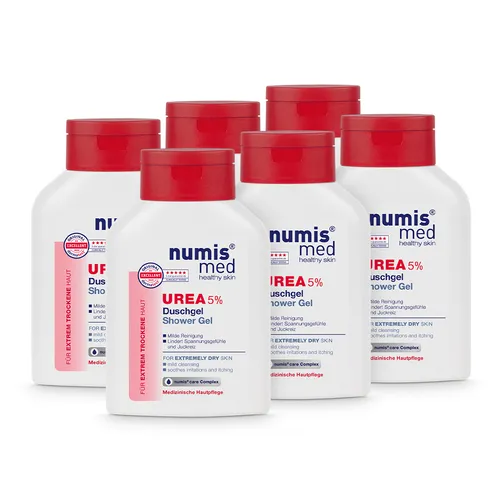 numis med Duschgel 5% Urea - Vegane Hautpflege für trockene Haut - Waschlotion für Damen, Herren und Unisex. Mit 5% Urea zur Pflege extrem trockener Haut. Vegan und in praktischen 6x200ml Flaschen, ideal für die tägliche Anwendung.