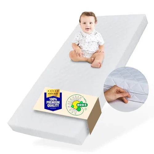 Matratze 60x120 cm für Babys - Hochwertige 10 cm Kaltschaummatratze mit waschbarem Bezug und gratis Spannbettlaken aus 100% Baumwolle. Optimal für gesunden Schlaf und passt perfekt in Gitterbetten.