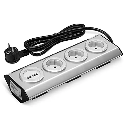 Navaris 3-fach Küchensteckdose mit USB - Edelstahl Steckdosenleiste - Steckdosen & Zubehör - Elegante Edelstahl-Steckdosenleiste mit 2 USB-Ports für bequemes Laden von Geräten, ideal für Küche und Büro.
