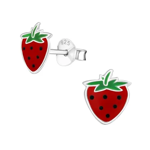 Monkimau Erdbeere Kinder Ohrringe | 925 Silber | Mädchen Ohrstecker Schmuck | Hypoallergen & Nickelfrei | Kinderohrringe Geschenkidee