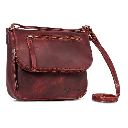 ROYALZ 'Virginia' Handtasche Damen Umhängetasche Leder Flache Echtleder Schulter Frauen Crossbody Bag, Farbe:Roma Cognac Braun