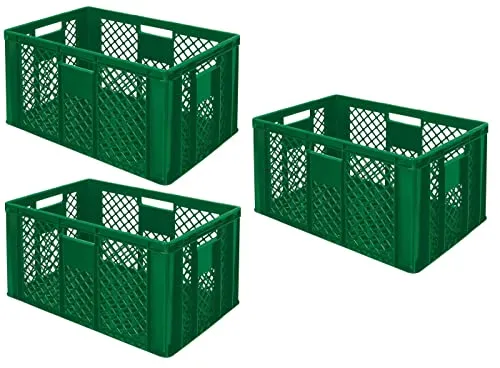 BRB 3x Eurobehälter durchbrochen, Stapelkorb, Industriequalität, lebensmittelecht, 600x400x320 mm, grün