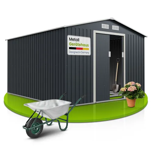 Juskys Metall Gerätehaus XXL - Geräteschuppen mit Satteldach und Schiebetür, ideal für Ordnung im Außenbereich und Schutz vor Rost