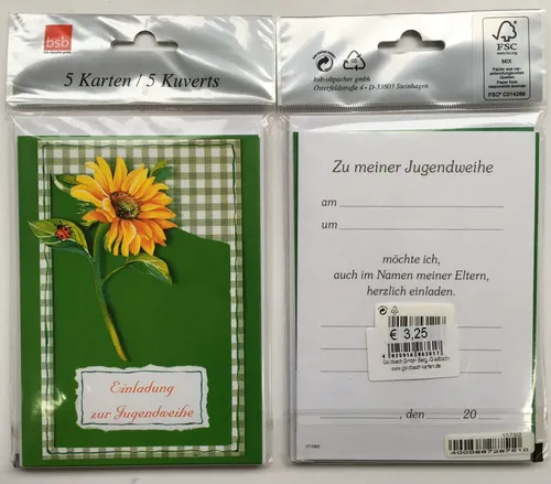 Jugendweihe - Einladungen - 5 Karten – 5 Umschläge – im Format 10,5 x 14,5 cm im