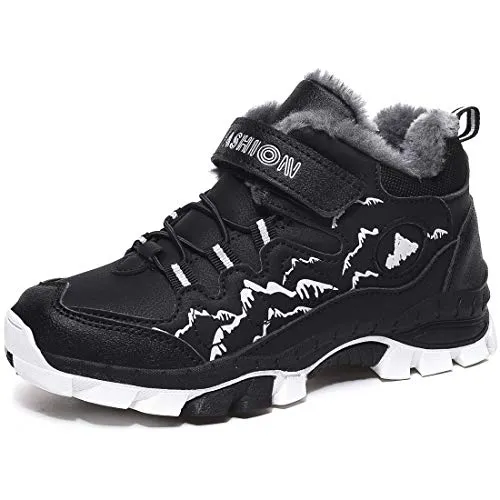 ZYLDK Winterschuhe Jungen Warm Gefütterte Trekking Schuhe Wasserdicht Wanderschuhe Kinder Schneestiefel Outdoor Baumwollschuhe rutschfest mit Klettverschluss, Schwarz, 34 EU