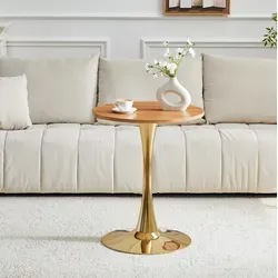 Table Ronde Mdf Und Metall In Holzoptik/gold, Ø60x72 Cm, Mit Mittelsäule