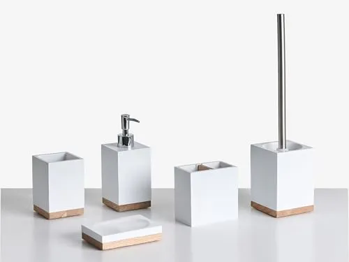 Badaccessoires Set 5-teilig TAPICHE Weiß - Komplettset für Ihr Bad - Sonstige Badaccessoires, handgefertigtes Set mit Seifenspender, Zahnbürstenhalter und mehr. Modernes Design in Weiß mit Holzdetails sorgt für Ordnung und Stil in Ihrem Badezimmer.