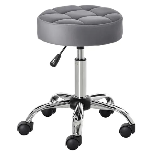 HOMCOM Salonstuhl mit Rädern - Höhenverstellbarer Rollhocker in Grau - Frisierhocker mit elegantem Velvet-Look und 360° Drehrollen für einfache Mobilität. Ideal für Friseursalons oder als stylischer Sitz in Ihrer Hausbar.
