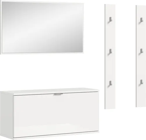 Garderoben-Set Projekt X in Weiß Hochglanz - 130x191x37 cm - Stilvolles Garderoben-Set in elegantem Weiß Hochglanz, ideal für jeden Flur. Mit praktischer Sitzbank, Spiegel und Paneel bietet es Platz und Funktionalität – perfekt für modernes Wohnen!