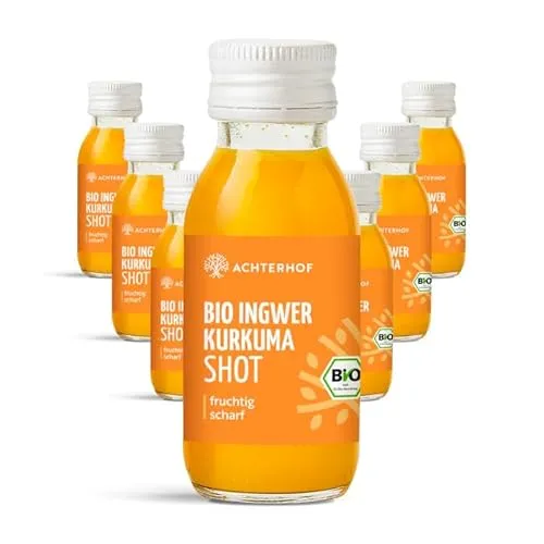 Bio Ingwer Kurkuma Shot 7x 60ml | trinkfertig | Superfood Kombination | mit 32% Ingwer- und Kurkumasaft | Achterhof