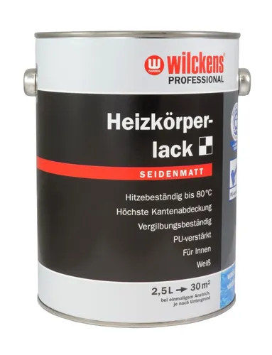 Wilckens Professional Heizkörperlack seidenmatt, 2,5 l, Weiß - Lacke für Innenräume, hitzebeständig bis 80°C und umweltschonend. Ideal für Warmwasserheizkörper und deren Rohrleitungen mit hoher Ergiebigkeit.