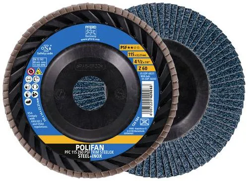 POLIFAN Fächerscheibe PFC 115x22,23 mm Z60 für Stahl und Edelstahl - Zubehör für Elektrowerkzeug, ideal zur Bearbeitung von Stahl und Edelstahl mit hoher Zerspanungsleistung und guter Standzeit.