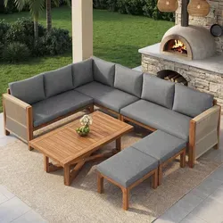 MODFU Outdoor Garten-Liegestuhl-Set 6-Sitzer Ecksofa mit Kissen - Modulares Gartenmöbel-Set aus Akazienholz mit flexibler Anordnung. Bequeme, atmungsaktive Kissen und stabile Konstruktion für den täglichen Einsatz im Freien.