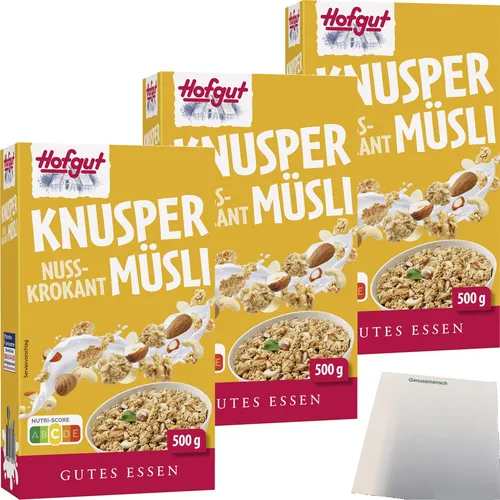 Hofgut Müsli Knusper Nuss Krokant 3er Pack 3x500g Packung usy Block