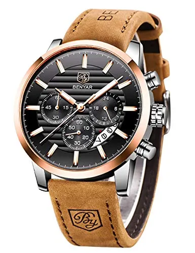 BENYAR Herrenuhr by Mode Quarzwerk Armbanduhr Analog Chronograph Business Wasserdicht und Kratzfest Edelstahlarmband Freizeit Sportuhren für Herren（braun Gold schwarz）