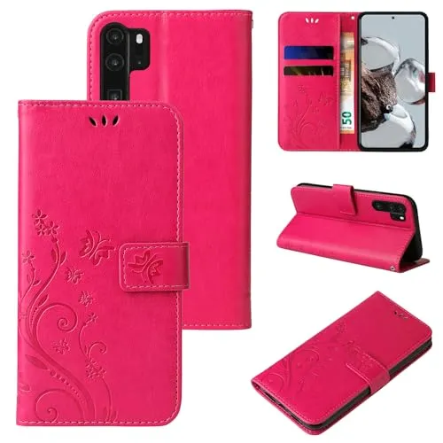 LBH Handy Hülle für Huawei P30 Pro Case Handytasche Schmetterling Blumen Flower Standfunktion Schutzhülle Magnet Rundum Schutz 360 Grad Flipcase Cover Pink