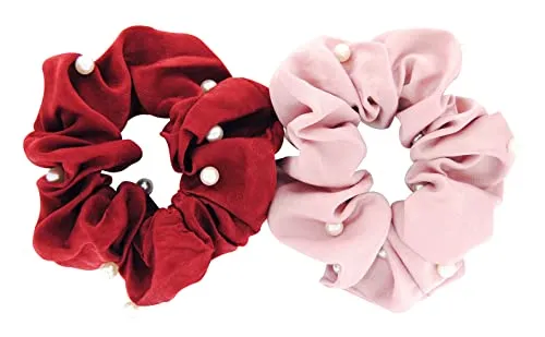 axy XXL Scrunchie Haargummi mit Perlen Set - 2x Stoff Haargummis Zopfhalter Zopfgummi Haarteil Haarband Scrunchies Doppelpack (Set 17)