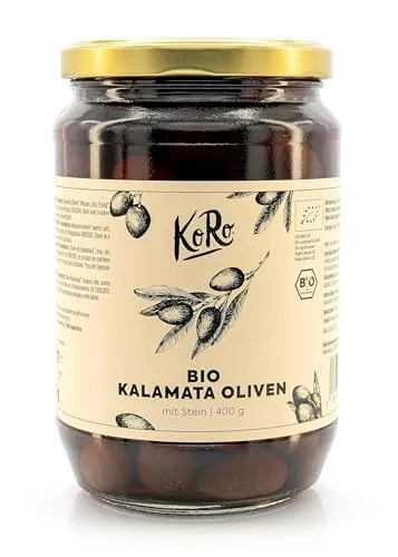 KoRo -Bio Kalamata Oliven mit Stein 400 g - einzigartig aromatisch - natürliche Oliven in Salzlake - original aus Griechenland - ideal für Anti-Pasti Gerichte