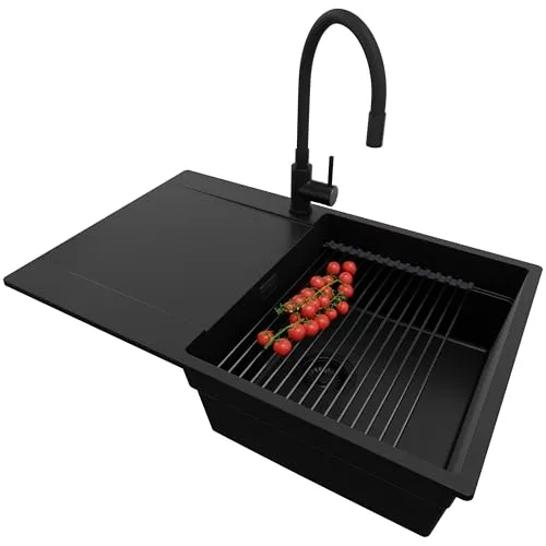 PRIMAGRAN Granitspüle Alles Schwarz 78x50cm, Spülbecken 1 Becken + Küchenarmatur 40x38cm + Zuberhor-Set, Küchenspüle ab 50er Unterschrank - San Francisco S033