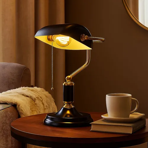 Elegante Bankerlampe Tischleuchte anthrazit-gold - Tischleuchte aus Metall in anthrazit und gold, ideal für warme Atmosphäre. Mit Zugschalter und kompakten Maßen (26,5x18x34 cm) ist sie perfekt für Schreibtisch oder Wohnzimmer.