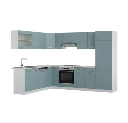 Vicco Eckküche R-Line Solid Weiß Blau Grau 287x227 cm - Küchenzeilen mit modernem Design, individuell umstellbar und erweiterbar, ideal für jeden Haushalt.