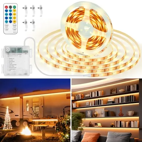 LQYLXR 5M Warmweiß Streifen mit batteriebetrieben,150 LED Selbstklebende Nachtlichter Streifen mit 8 Modi Timer Fernbedienung, Dimmbar LED Streifen für Küche Schlafzimmer Regal Deko, Schneidbar