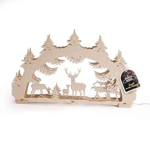 Saico - LED Schwibbogen „Waldlichtung“ Erzgebirge - Lichterbogen mit Timerfunktion - winterliches Design mit Rehen & Hase - ideal als Weihnachtsdeko, Holzkunst aus dem Erzgebirge - Made in Germany