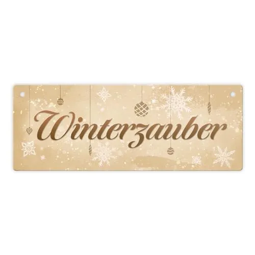 Winterzauber mit schönen Schneeflocken und Christbaumkugeln Metallschild L in 10,5x28cm