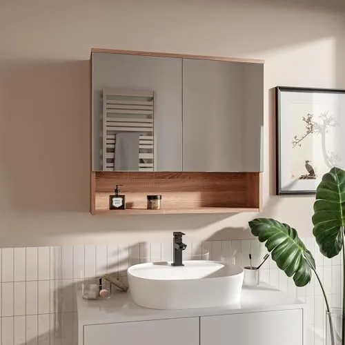 HAJDUK FURNITURE Eiche Sonoma 78x70 cm Spiegelschrank Bad mit 2 Spiegeltüren und Ablagen Badschrank mit Grifflose Öffnung Hängeschrank