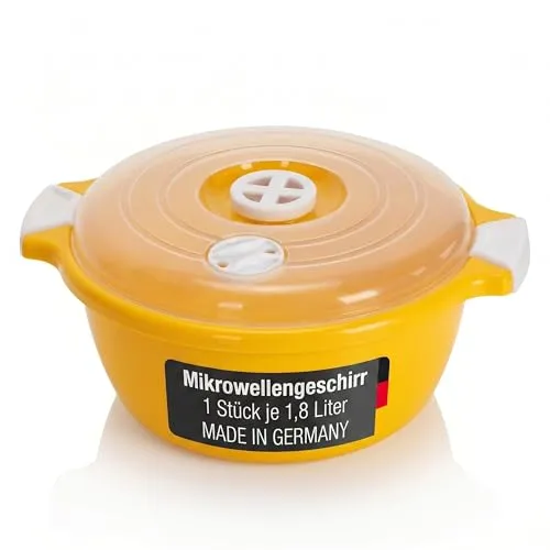 Lantelme Mikrowellenschüssel Gelb mit 1,8 Liter mit Dampfventil in Deutschland hergestellt | Kunststoff Schüssel stapelbar für Mikrowelle Gefrierschrank