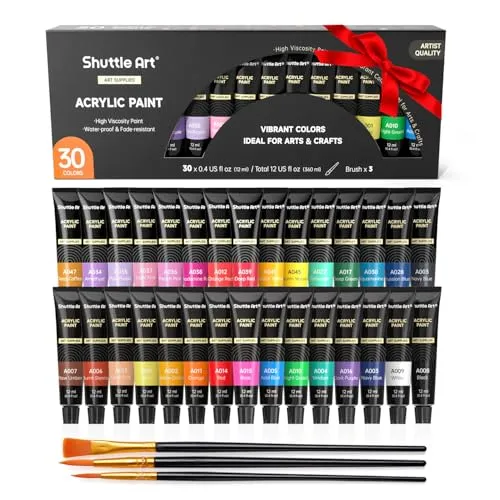 Shuttle Art Acrylfarben Set, 30 Acrylfarben wasserfest (je 12 ml) mit 3 Pinselset, perfekte Acrylfarben Set Kinder, Farben für Holz, Leinwand, Tontöpfen, Stein und Kunststoff, Acryl Farben