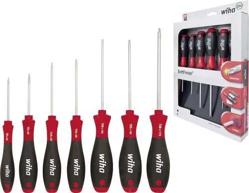 Wiha Schraubendreher SoftFinish Set, 7-teilig Torx - Schraubenausdreher Set mit ergonomischem SoftFinish Griffdesign für handschonendes Arbeiten. Ideal für präzise Anwendungen in trockenem Umfeld.