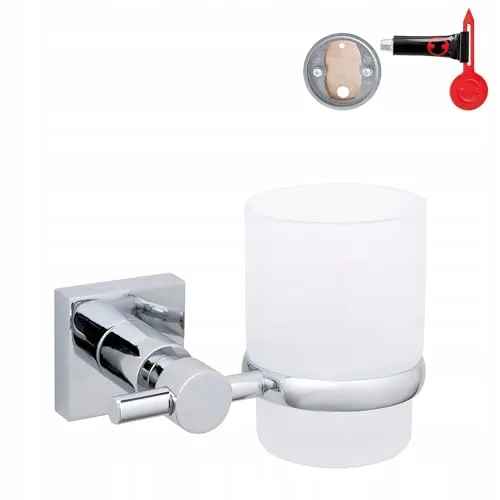 tesa HUKK Zahnputzbecher mit Halterung - Edler Becher aus satiniertem Glas - Zahnputzbecherhalter, elegante Wandmontage ohne Bohren dank innovativer Klebetechnologie - ideal für ein stilvolles Bad ohne Beschädigungen.