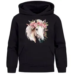 SpecialMe® Kinder Hoodie Mädchen Pferdekopf mit Blumen Mädchengeschenke Pferde Print Aufdruck schwarz 140
