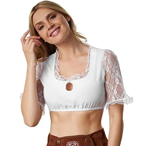 dressforfun Dirndlbluse Spitze, Trachtenbluse, Dirndl Bluse Damen, Dirndlbluse zum Knöpfen mit Tropfen Ausschnitt und Rüschen, weiße Bluse kurz, Trachtenmode Damen - (XXL | Nr. 303074)