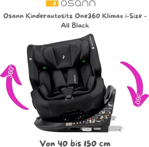 Osann Autokindersitz One360 Klimax - 360° drehbarer Reboarder - Kindersitz für Kinder von Geburt bis 12 Jahre (40-150 cm) mit innovativer Klimafunktion für perfektes Sitzklima. Sicher und komfortabel dank Isofix-Montage und 360° Drehbarkeit.