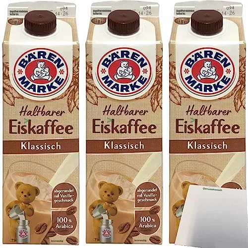 usy Bundle für Bärenmarke Haltbarer Eiskaffee Klassisch 1,8% Fett 3er Pack (3x1 Liter Packung) + usy Block