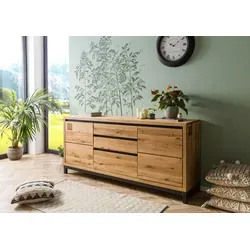 MASSIVMOEBEL24.DE VILLANDERS Sideboard 190x45x85 - Rustikales Wildeiche Sideboard mit einzigartiger Riss-Struktur, dunklen Metallblenden und Hirnholz-Segmenten – perfekt kombinierbar mit anderen Möbeln der VILLANDERS Serie.
