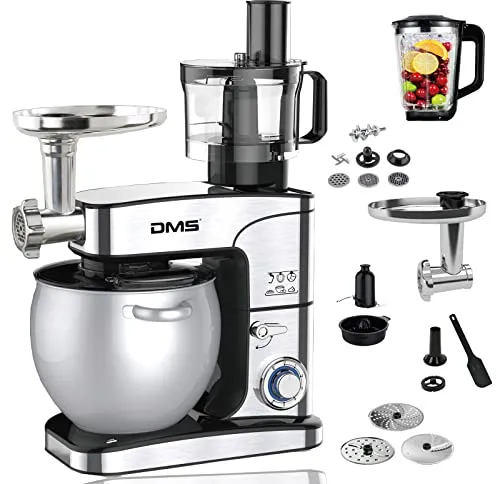 DMS® 5in1 Edelstahl Küchenmaschine Rührmaschine 10 Liter Knetmaschine Edelstahlschüssel Spritzschutz Multi zerkleinerer Zitrusspresse Fleischwolf Standmixer 6-stufige 2500 Watt (10 Liter)