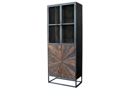 baario Vitrine MERID - Altholz & Metall - Vitrinenschrank aus recyceltem Altholz in Sonnenform, ein rustikales Designobjekt mit individueller Struktur, das Eleganz und Klasse in jeden Raum bringt.
