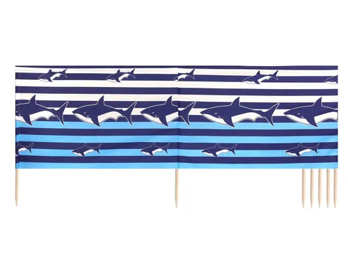 Ladeheid Windschutz Strand Sichtschutz mit Holzstab - Praktisches Strand Zubehör LAEX001 (Streifen/Haie, 6 m) - Wind- & Sichtschutz; Ideal für den Strand zum Schutz vor Wind und Sand; Mobiler Paravent mit einfachem Aufbau und in vielen Farben erhältlich.
