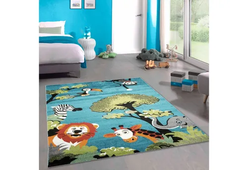 Carpetia Kinderteppich Waldtier-Teppich in Blau - Teppich für Kinderzimmer, modernes Dschungelsafari-Design, pflegeleicht und schmutzabweisend, ideal für gemütliche Spielbereiche.