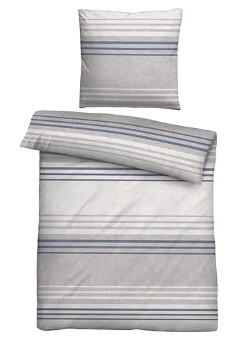 Biberna Melange Flanell Bettwäsche Querstreifen blau 135x200 cm + 80x80 cm - Bettwäsche aus 100% Baumwolle, flauschig weich und temperaturausgleichend. Mit praktischem Reißverschluss, waschbar bis 60°C und ideal für ganzjährige Nutzung.