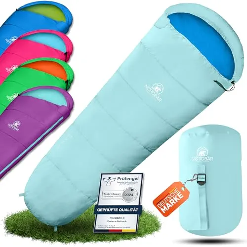 NORDBÄR® Kinderschlafsack für Jungs & Mädchen bis 145 cm Körpergröße | Innenfutter aus 100% Baumwolle | Mumienschlafsack leicht & warm | Kinder Outdoor Schlafsack [1200g] Kinderschlafsäcke