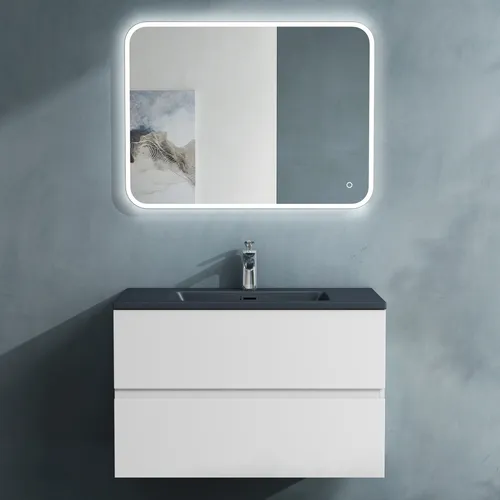 doporro Badmöbel-Set mit Waschbecken und LED-Spiegel - Komplettprogramm für Badezimmer mit wandhängendem Unterschrank in matt weiß, viel Stauraum und pflegeleichter Wasseroberfläche für eine stilvolle und funktionale Badgestaltung.