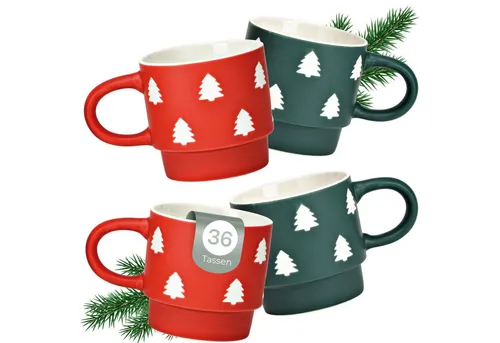 matches21 HOME & HOBBY Tasse Tassen 36 Stück Rot/Grün mit Tannenbaum Motiv 300 ml, 36-tlg., Porzellan, Kaffeetassen perfekt für Weihnachtsmärkte