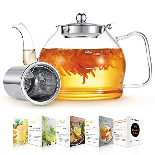 Glas-Teekanne, Glas-Teekanne mit herausnehmbarem Teesieb, 1.2 l, klare Teekanne für blühenden Tee, losen Tee, blühende Teekanne, Geschenk-Set, Skala, sichere Abdeckung, Teebrauer Guide