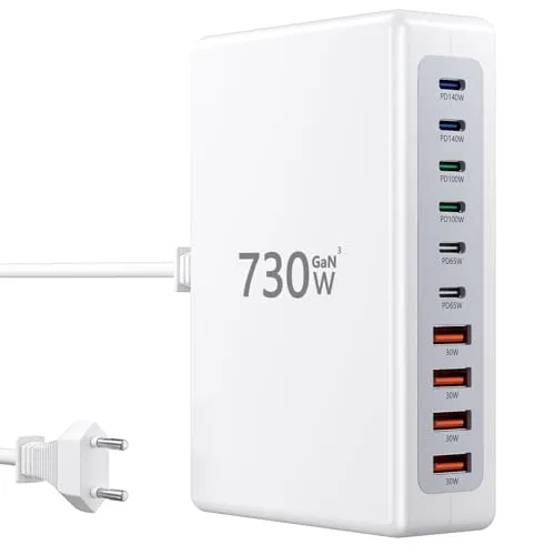 730W USB C Ladegerät, 10-Ports Schnellladestation[6 USBC+4 USBA], GaN Ⅲ USB Ladestation mit zwei 140W/100W/65W PD PPS Anschlüssen, Laptop-Ladegerät, kompatibel mit MacBook Pro/Air/iPhone 16/15/Samsung