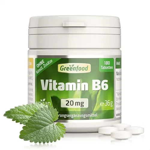 Vitamin B6, hochdosiert, 20mg - 180 Tabletten, vegan. Pyridoxin - unterstützt den Energiestoffwechsel, verringert Müdigkeit & Ermüdung. OHNE künstliche Zusätze - laborgeprüft. Von Greenfood.