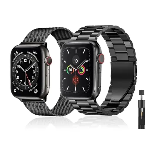 baklon 2 Stuck Armband Kompatibel mit Apple Watch Armband Series SE3 2 1/ Ultra3 2 1/11 10 9 8 7 6 5 4 3 2 1, 38mm/40mm/41mm/42mm(Series 10), Edelstahl Metall Ersatzarmbänder, Schwarz